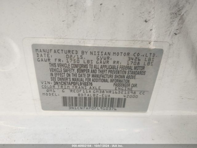3N1CN7AP0FL910376 Nissan Versa 1.6 S/1.6 S+/1.6 Sl/1.6 Sv