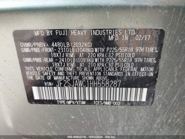 JF2SJAWC1HH558287 Subaru Forester 2.5i Touring