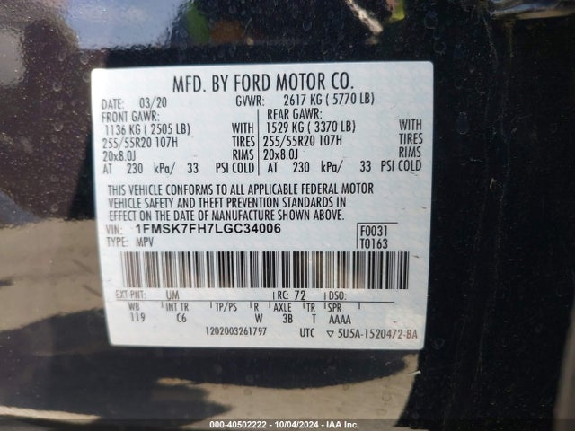 Ford Explorer Limited 2020 1FMSK7FH7LGC34006 Image 9