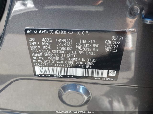 3CZRU6H11MM756056 Honda Hr-v Awd Sport