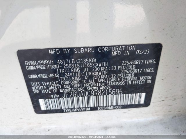 JF2GUADC9R8215695 Subaru Crosstrek Premium