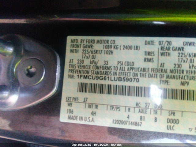 Ford ESCAPE SE 2020 1FMCU9G61LUB59070 Image 9