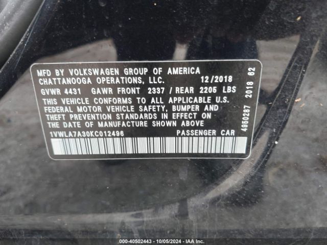 1VWLA7A30KC012496 Volkswagen Passat 2.0t Wolfsburg Edition