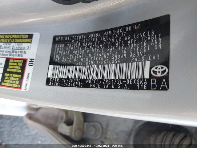 Toyota COROLLA SE 2017 5YFBURHE1HP670854 Image 9
