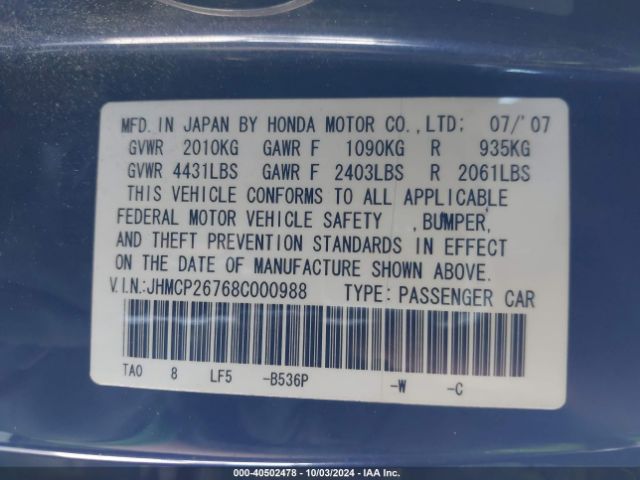 2008 HONDA ACCORD SDN JHMCP26768C000988 Photo 8