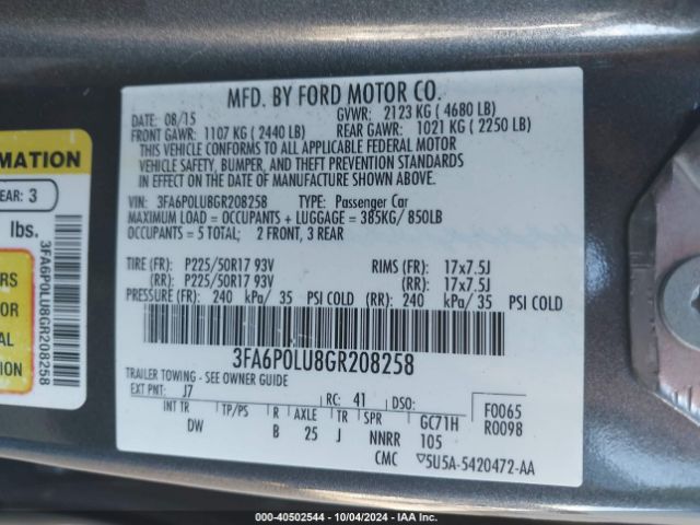 3FA6P0LU8GR208258 Ford Fusion Hybrid Se