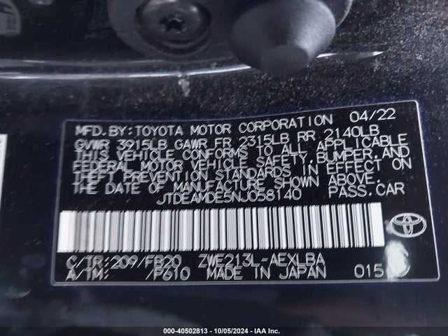 JTDEAMDE5NJ058140 Toyota Corolla Hybrid Le