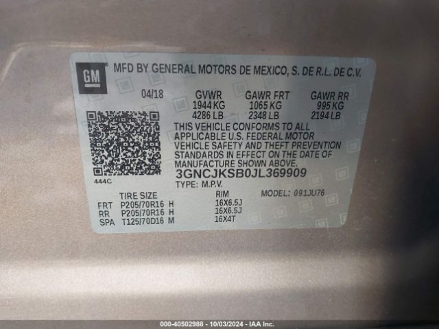 3GNCJKSB0JL369909 Chevrolet TRAX LS
