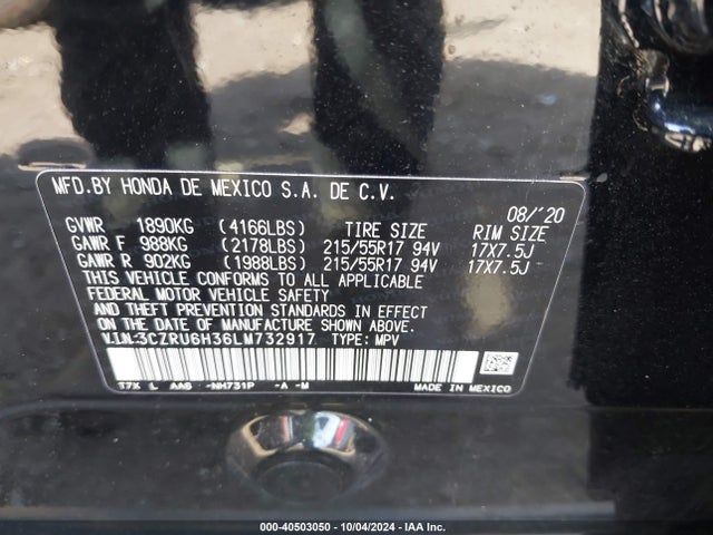 Honda Hr-v Awd Lx 2020 3CZRU6H36LM732917 Image 9