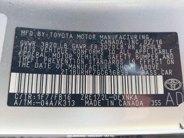 Toyota COROLLA LE 2016 2T1BURHE7GC616859 Image 9