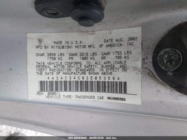 2003 MITSUBISHI ECLIPSE 4A3AC34G93E053594 Photo 8