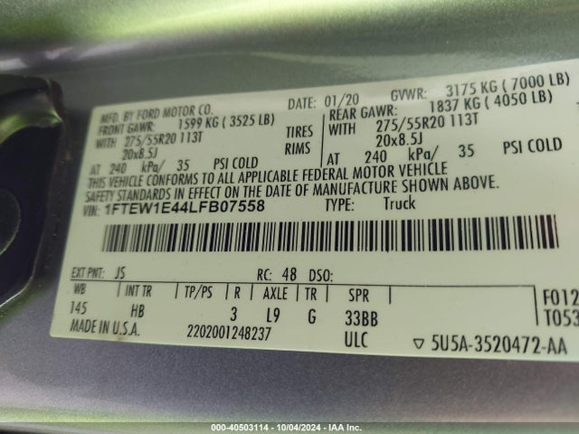 Ford F-150 Lariat 2020 1FTEW1E44LFB07558 Image 9