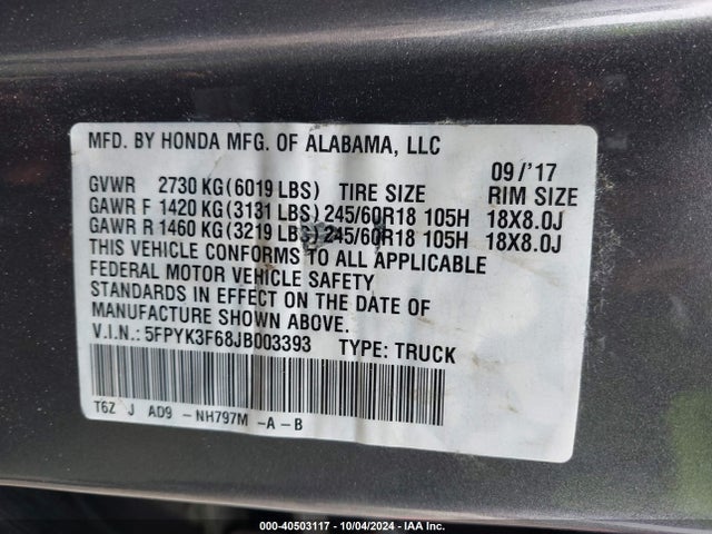 Honda Ridgeline Rtl-t 2018 5FPYK3F68JB003393 Image 9