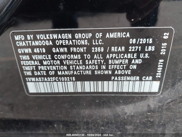 40503130 :رقم المزاد ، 1VWAS7A32FC103215 vin ، 2015 Volkswagen Passat 1.8t S مزاد بيع