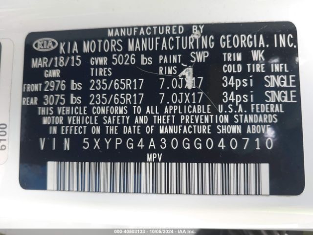5XYPG4A30GG040710 KIA Sorento 2.4l Lx