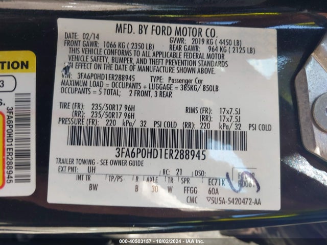 3FA6P0HD1ER288945 Ford FUSION SE