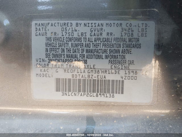 Nissan Versa 1.6 Sv 2016 3N1CN7AP2GL899138 Image 9