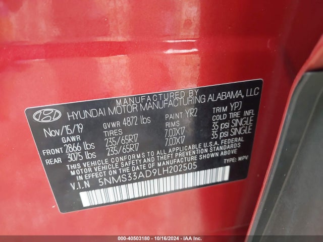 Hyundai Santa Fe Sel 2020 5NMS33AD9LH202505 Image 9
