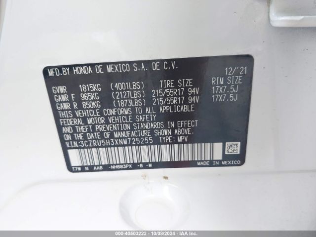 3CZRU5H3XNM725255 Honda Hr-v 2wd Lx