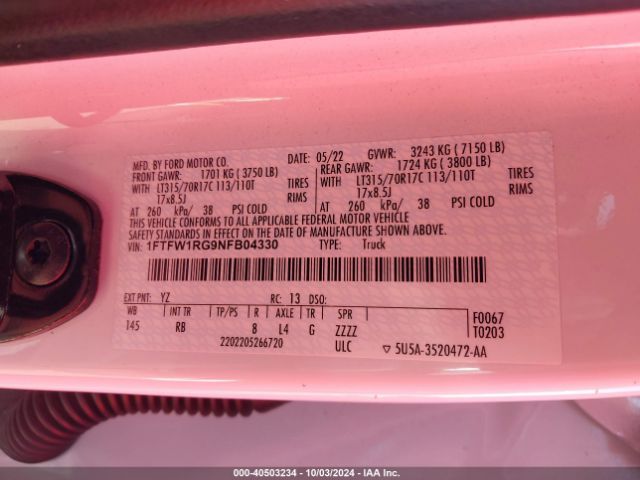 1FTFW1RG9NFB04330 Ford F-150 Raptor