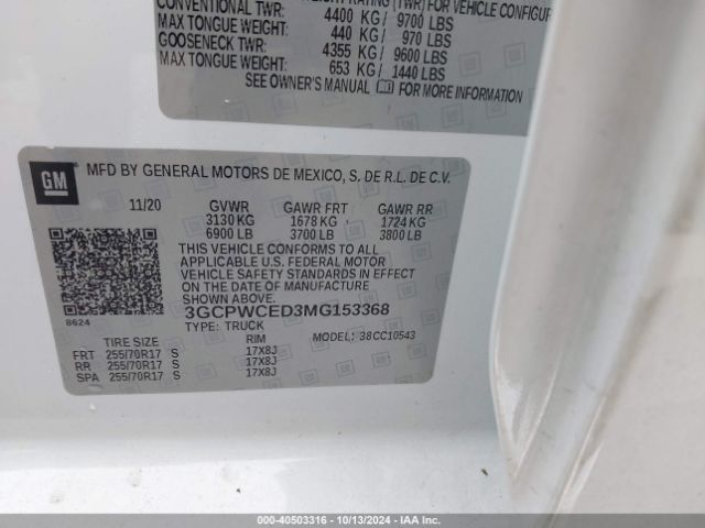 3GCPWCED3MG153368 Chevrolet Silverado 1500 2wd  Short Bed Lt