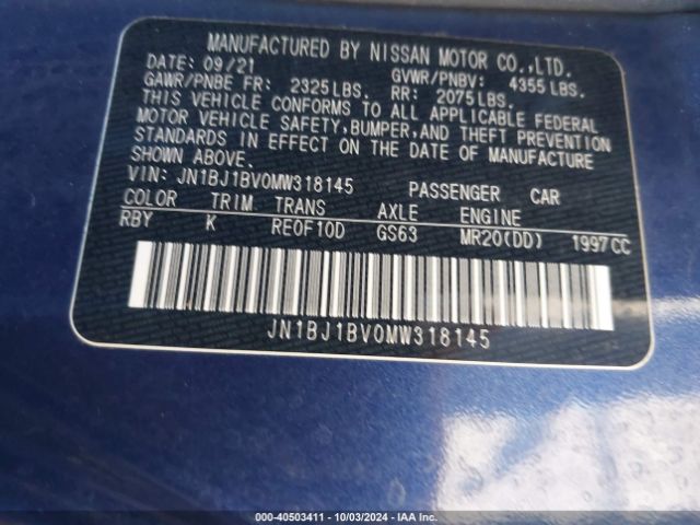 JN1BJ1BV0MW318145 Nissan Rogue Sport Sv Fwd Xtronic Cvt