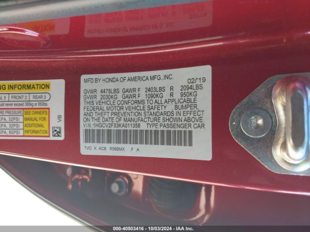 1HGCV2F53KA011358 Honda Accord Ex-l 2.0t