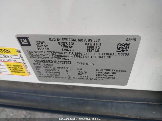 Chevrolet Traverse 1lt 2016 1GNKRGKD7GJ137567 Image 9