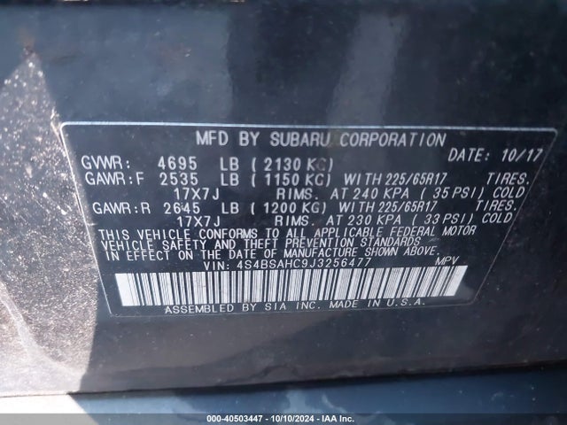 Subaru Outback 2.5i Premium 2018 4S4BSAHC9J3256477 Image 9