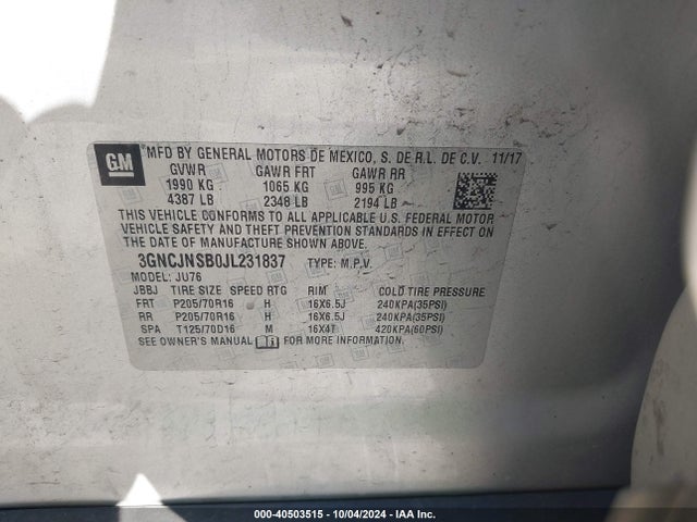 Chevrolet TRAX LS 2018 3GNCJNSB0JL231837 Image 9