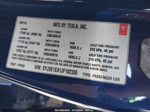Tesla Model 3 Long Range/mid Range 2018 5YJ3E1EA1JF102335 Image 9