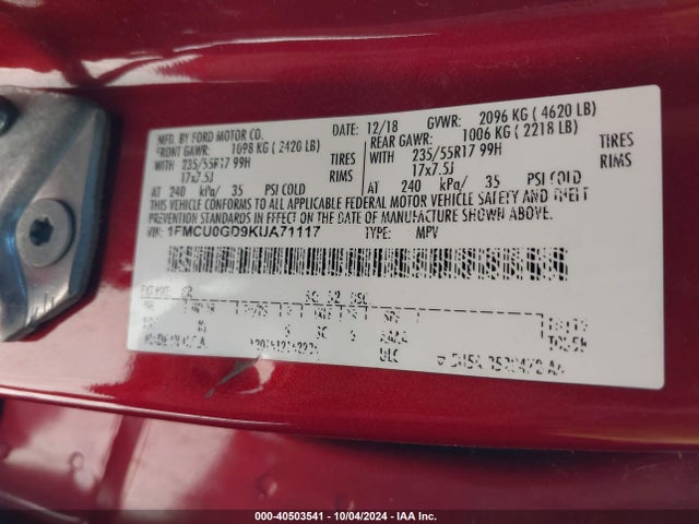Ford ESCAPE SE 2019 1FMCU0GD9KUA71117 Image 9