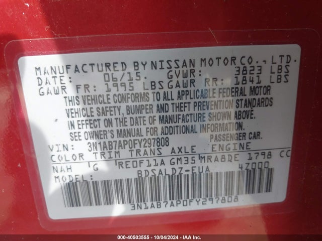 Nissan SENTRA SV 2015 3N1AB7AP0FY297808 Image 9
