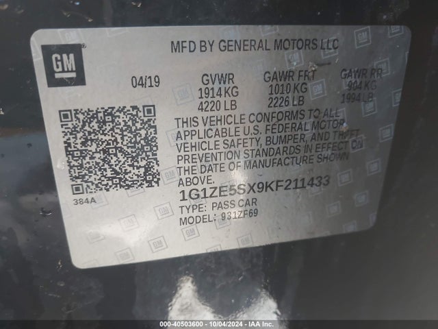 1G1ZE5SX9KF211433 Chevrolet Malibu Premier