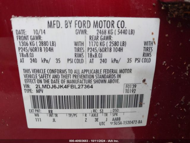 2LMDJ6JK4FBL27364 Lincoln MKX