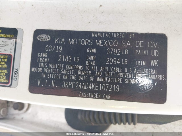 3KPF24AD4KE107219 KIA FORTE FE