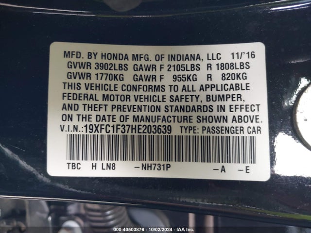 Honda Civic Ex-t 2017 19XFC1F37HE203639 Image 9