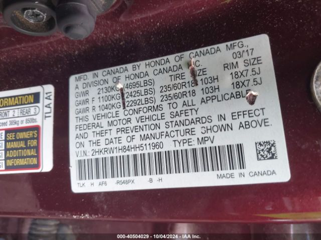 2HKRW1H84HH511960 Honda Cr-v Ex-l/ex-l Navi
