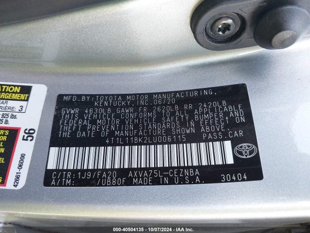 Toyota Camry Le Awd 2020 4T1L11BK2LU006115 Image 9