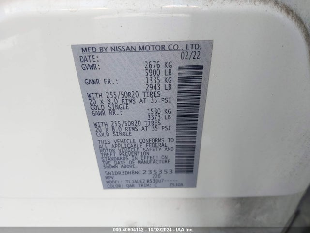 Nissan Pathfinder Platinum 2wd 2022 5N1DR3DH8NC235353 Image 9