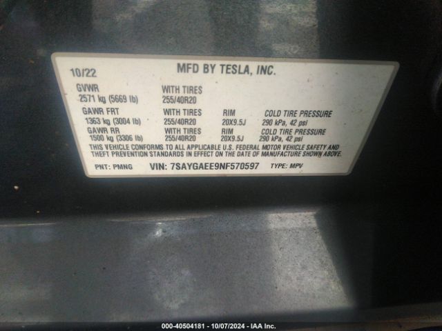 7SAYGAEE9NF570597 Tesla Model Y Long Range Dual Motor All-wheel Drive