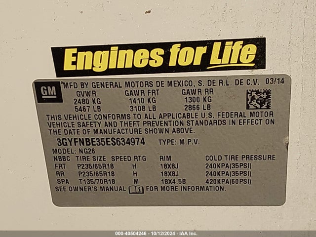 3GYFNBE35ES634974 Cadillac Srx Luxury Collection