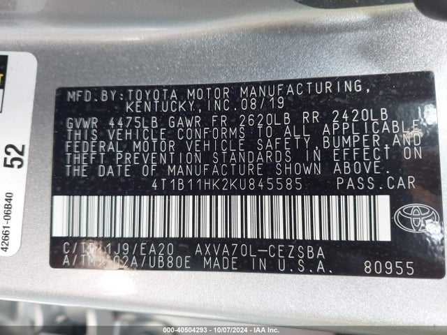 Toyota CAMRY SE 2019 4T1B11HK2KU845585 Image 9