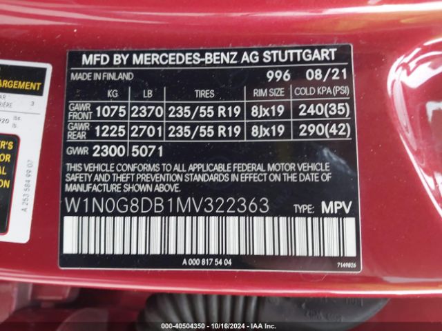 W1N0G8DB1MV322363 Mercedes-Benz Glc 300 Suv