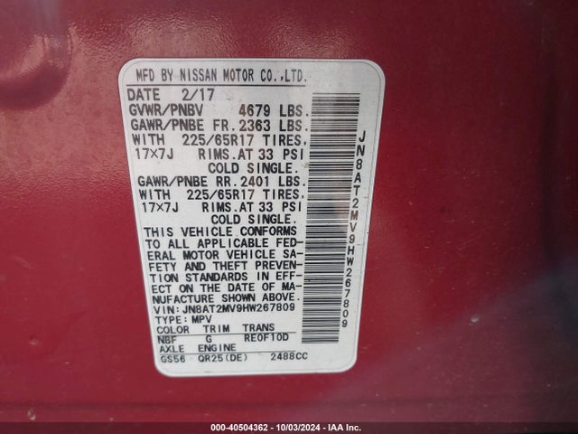 Nissan ROGUE S 2017 JN8AT2MV9HW267809 Image 9