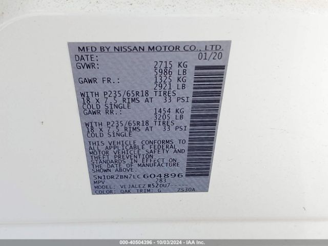 5N1DR2BN7LC604896 Nissan Pathfinder Sv 2wd