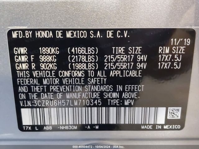 3CZRU6H57LM710345 Honda Hr-v Awd Ex