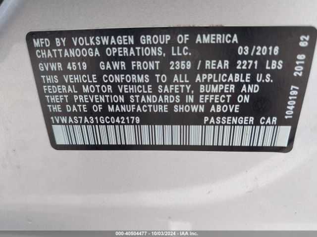 1VWAS7A31GC042179 Volkswagen Passat 1.8t S