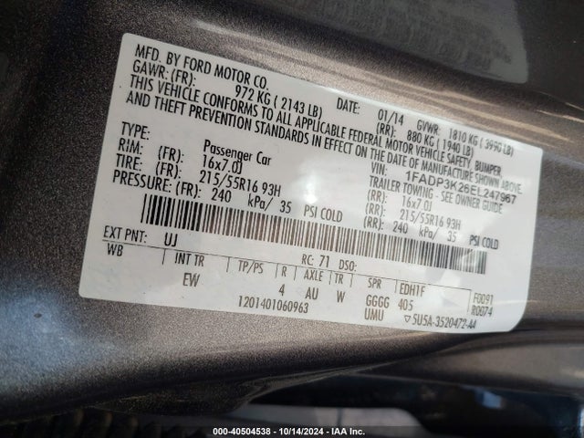 Ford FOCUS SE 2014 1FADP3K26EL247967 Image 9