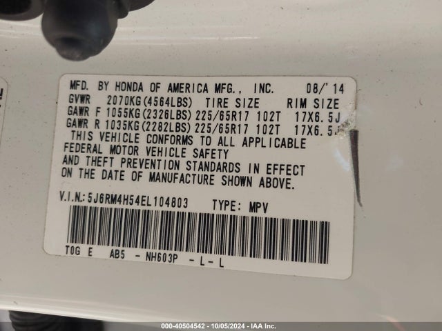 Honda CR-V EX 2014 5J6RM4H54EL104803 Image 9